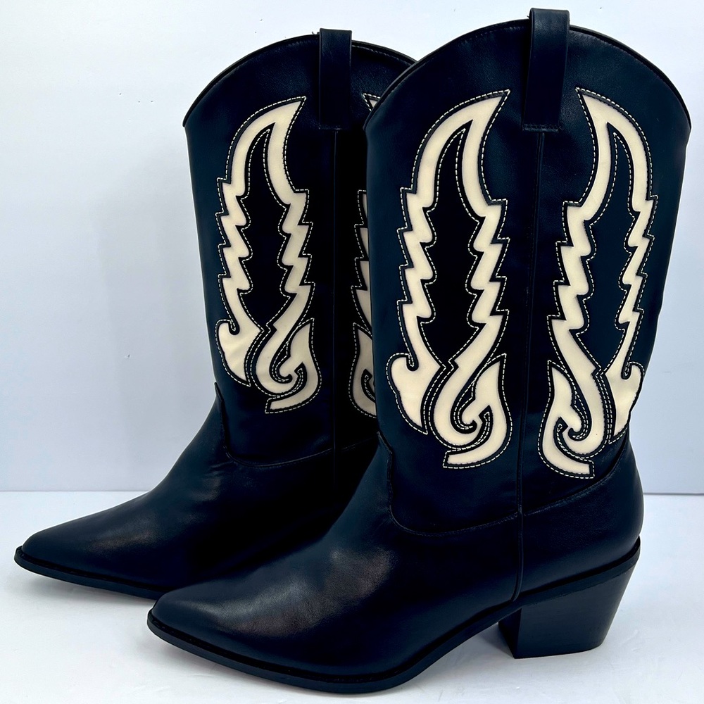 BILLINI NORVA COWGIRL BOOTS, BLACK & BONE COLOR, POINTED TOE, MAN-MADE, SIZE 10 - Picture 6 of 13